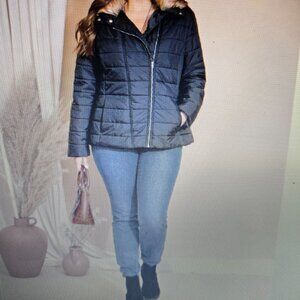 NWT EMERY ROSE Plus Size Winter Furry Collar Zip-Up Padded Coat (1X)